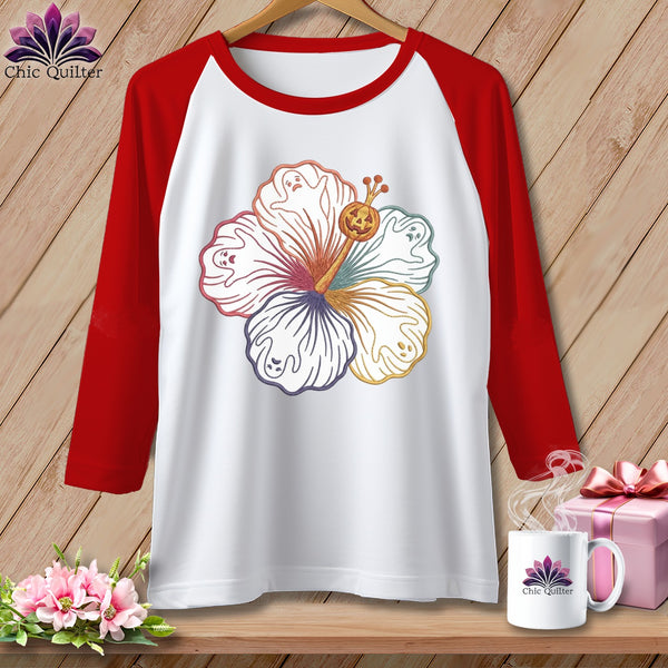 White t-shirt with red sleeves featuring a colorful hibiscus with ghost and pumpkin details.