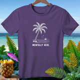 Purple t-shirt with white palm tree, sun, and waves graphic and 