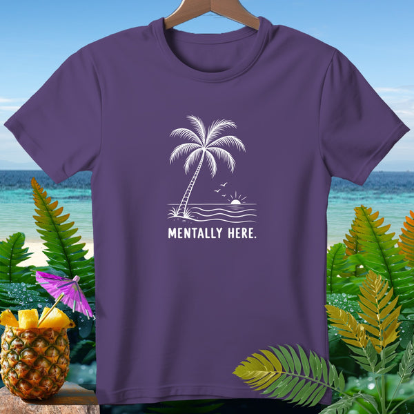 Purple t-shirt with white palm tree, sun, and waves graphic and "Mentally Here." text.