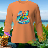 Orange long-sleeve shirt with a parrot windsurfing on a wave graphic.