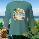 Teal long-sleeve shirt with a beach graphic that reads 