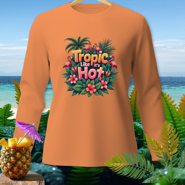 Orange long-sleeve shirt with "Tropic Like It's Hot" tropical graphic.