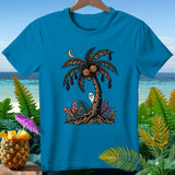 Turquoise t-shirt with Halloween palm tree graphic, bats, ghost, and pumpkins.