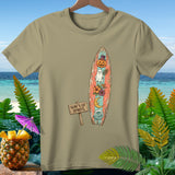 Tan t-shirt featuring a surfboard with Halloween and moon graphics, and 