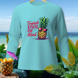 Light blue long-sleeved shirt with a graphic of a pineapple wearing sunglasses and text.