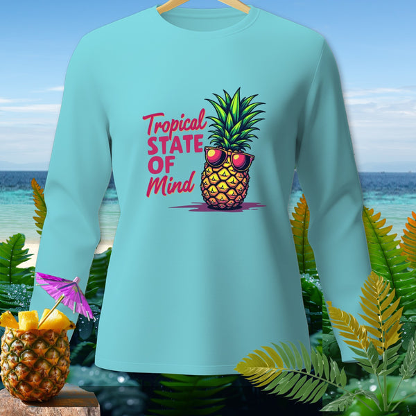 Light blue long-sleeved shirt with a graphic of a pineapple wearing sunglasses and text.