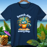 Navy t-shirt with a cartoon bird drinking from a coconut with text 