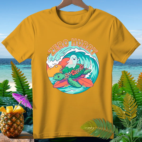 Yellow t-shirt with cartoon turtle and ghost on surfboard, "Zero Hurry" text.