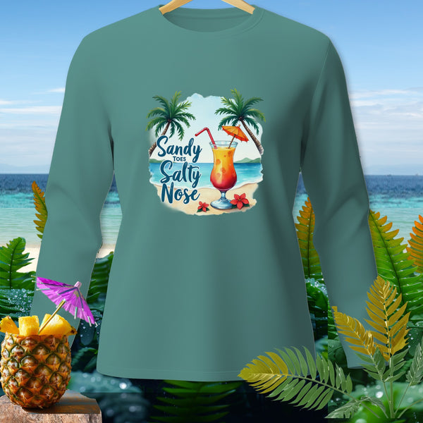 Teal long-sleeve shirt with "Sandy Toes Salty Nose" beach graphic.