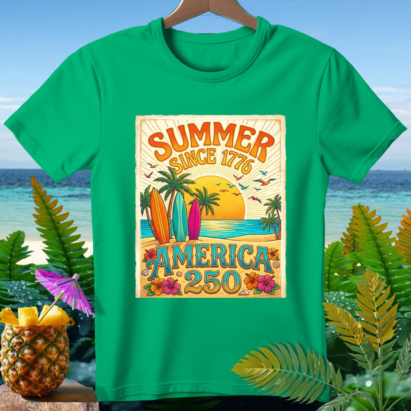 Green t-shirt with "Summer Since 1776 America 250" beach design.