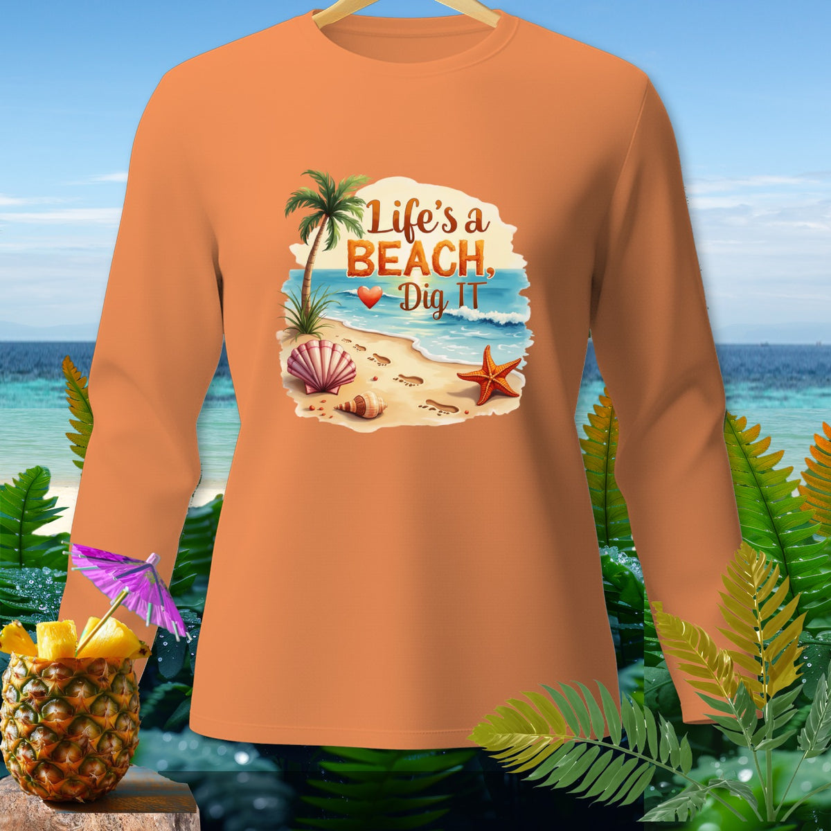 Orange long-sleeve shirt with "Life's a BEACH, Dig IT" beach graphic.