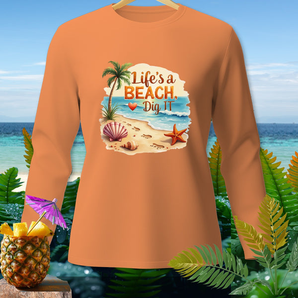 Orange long-sleeve shirt with "Life's a BEACH, Dig IT" beach graphic.