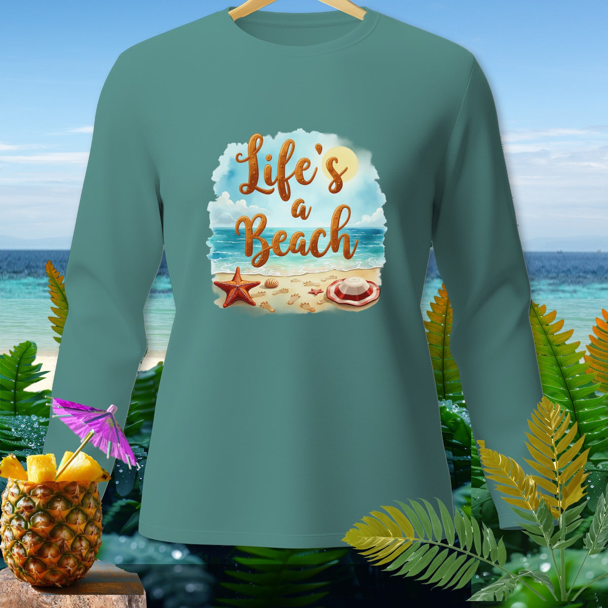 Teal long-sleeve shirt with "Life's a Beach" graphic and beach scene.