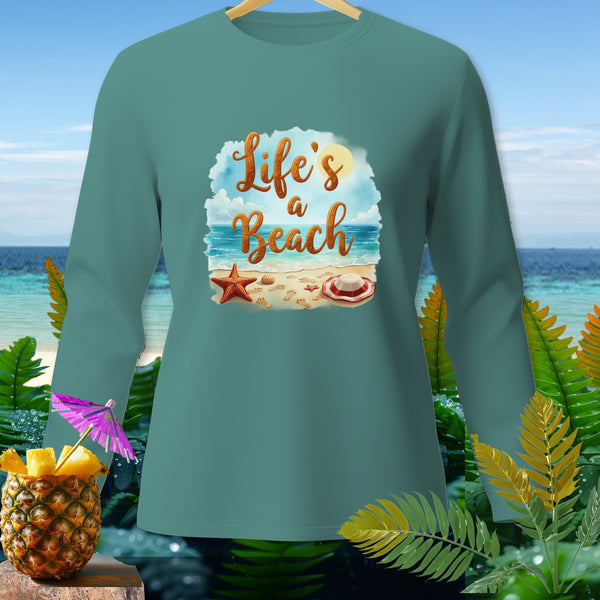 Teal long-sleeve shirt with "Life's a Beach" graphic and beach scene.
