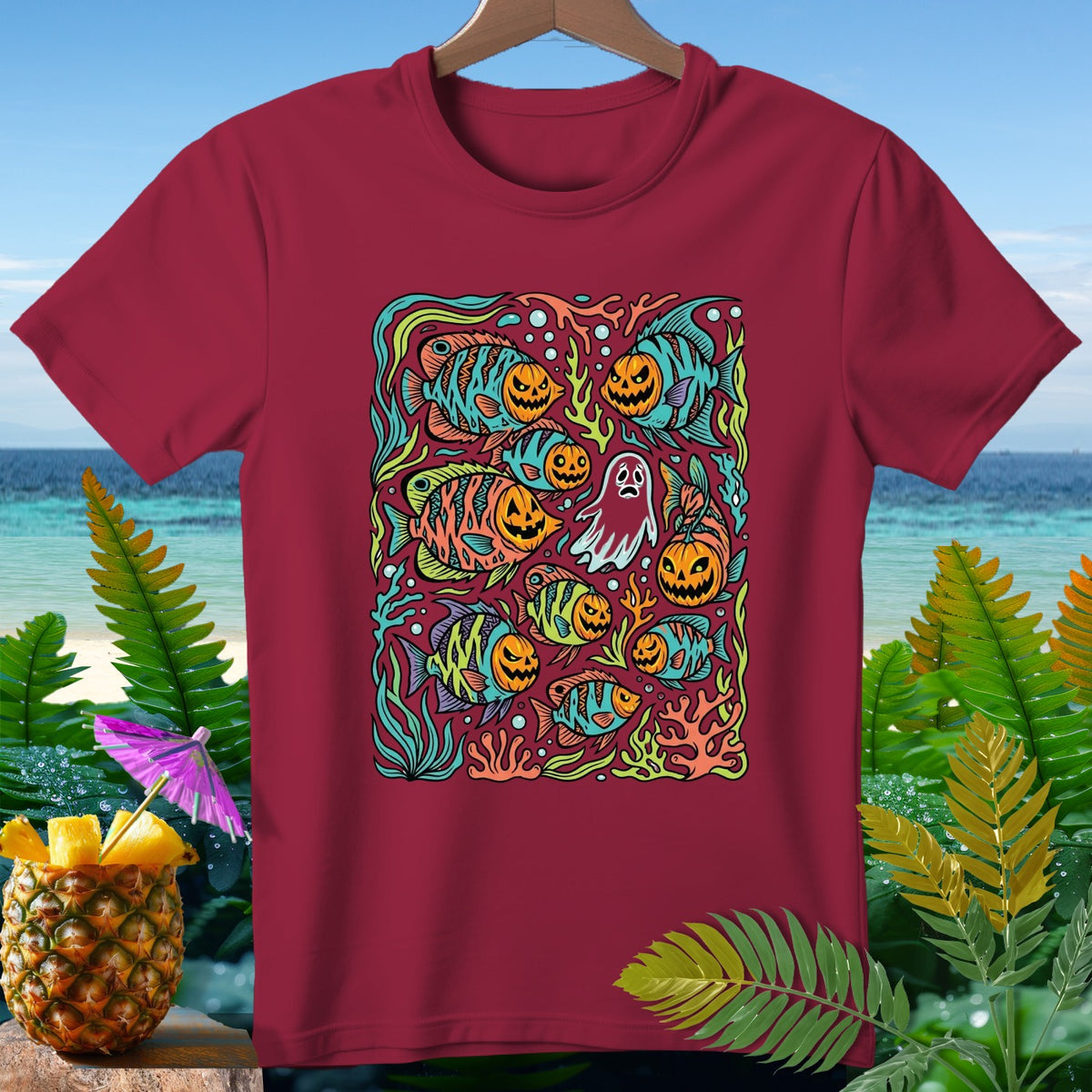 Maroon t-shirt with Halloween-themed fish and ghost graphic.