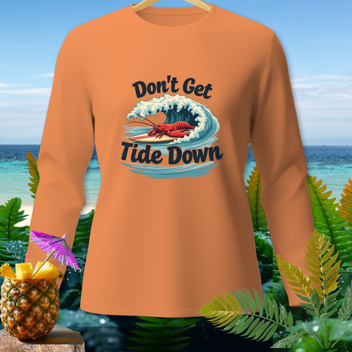 Orange long-sleeve shirt with "Don't Get Tide Down" graphic.
