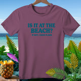 Maroon t-shirt with teal text reading 