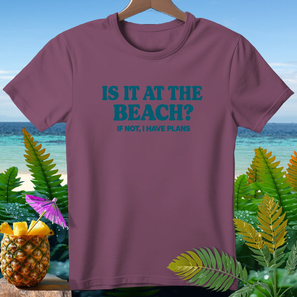 Maroon t-shirt with teal text reading "Is It At The Beach? If Not, I Have Plans".