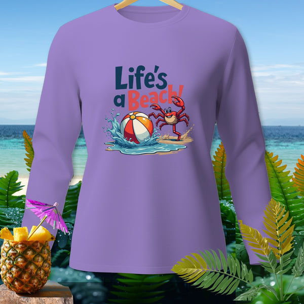 Lavender long-sleeve shirt with a "Life's a Beach!" graphic featuring a crab and beach ball.