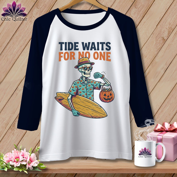 Skeleton wearing Hawaiian shirt and sunglasses, holding surfboard and pumpkin candy bucket.