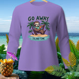 Purple long-sleeve shirt with a sloth, palm trees, and text 
