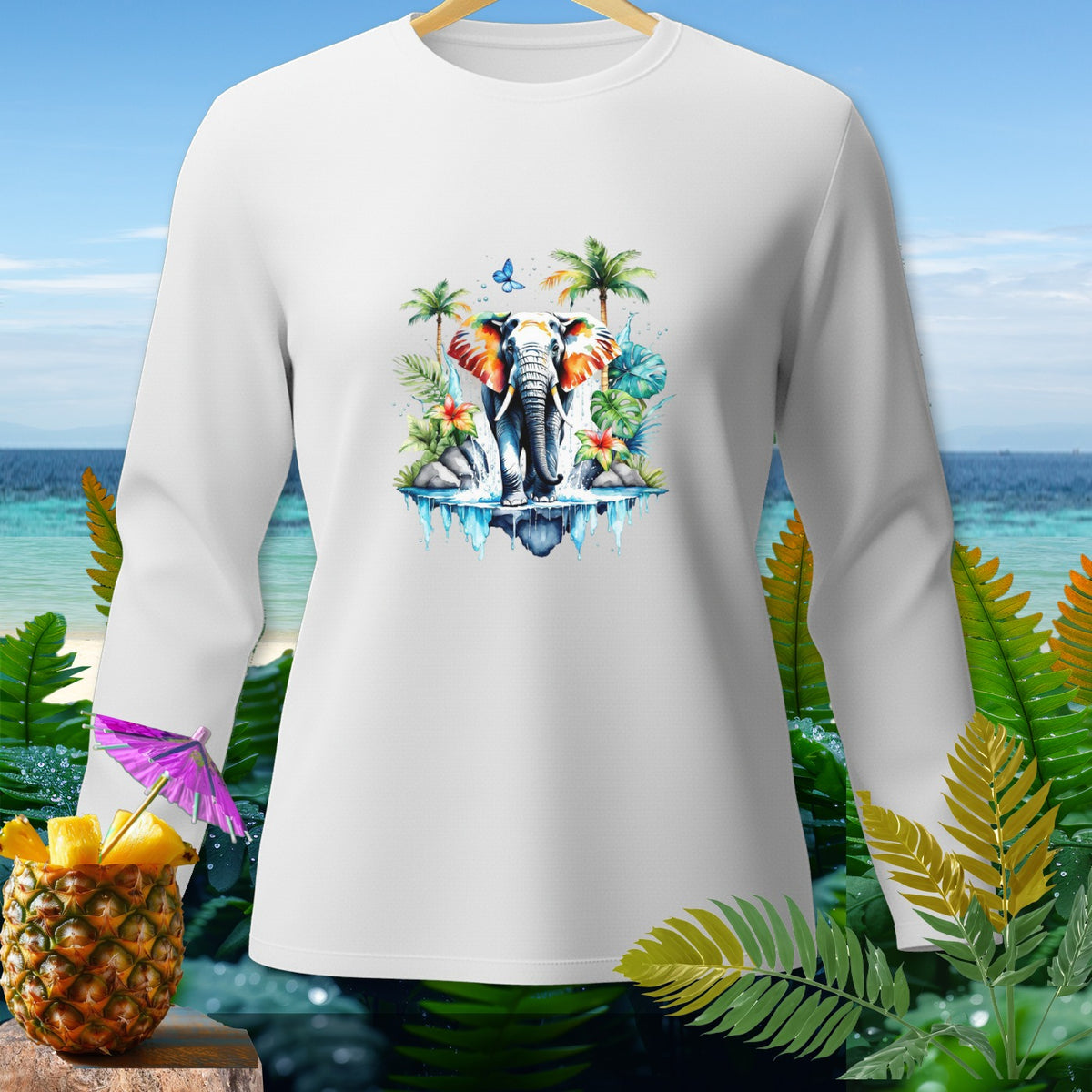 White long-sleeve shirt with watercolor elephant, palm trees, and tropical flowers design.