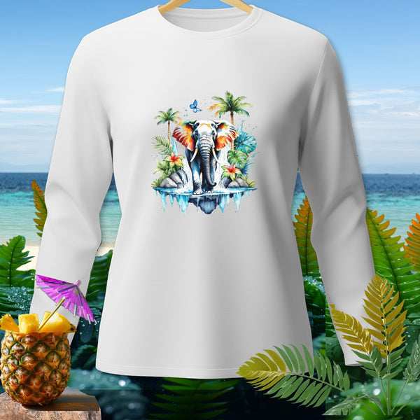 White long-sleeve shirt with watercolor elephant, palm trees, and tropical flowers design.