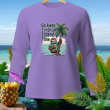Purple long-sleeve shirt with sloth on a palm tree, text 