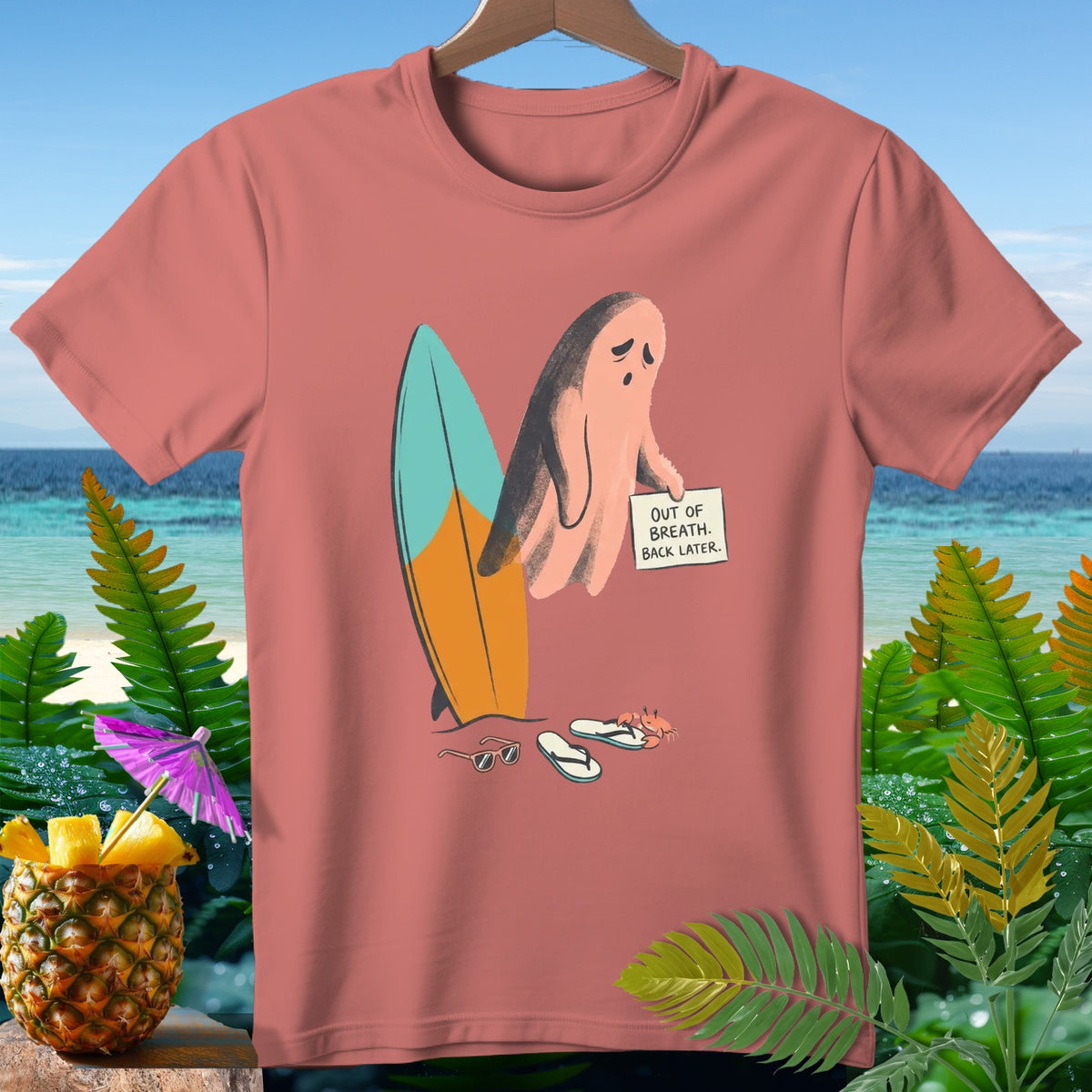 Pink t-shirt with ghost holding sign "Out of Breath. Back Later."