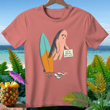 Pink t-shirt with ghost holding sign 