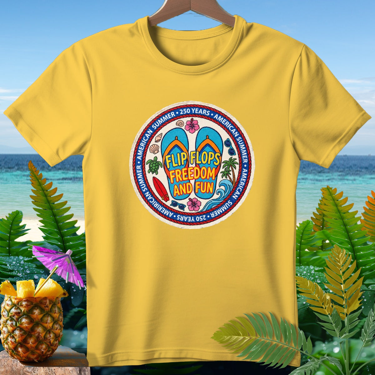 Yellow t-shirt with a circular graphic featuring flip flops, text, and beach elements.
