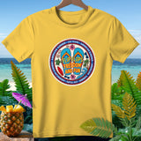 Yellow t-shirt with a circular graphic featuring flip flops, text, and beach elements.