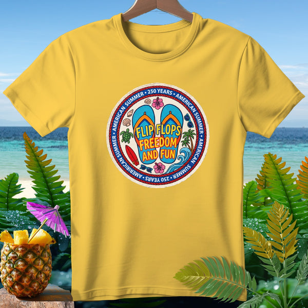 Yellow t-shirt with a circular graphic featuring flip flops, text, and beach elements.