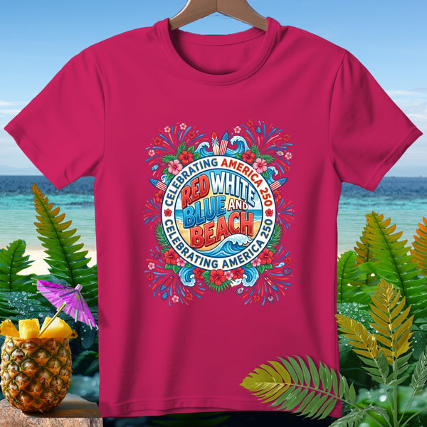 Pink t-shirt with "Red White Blue and Beach" graphic celebrating America 250.