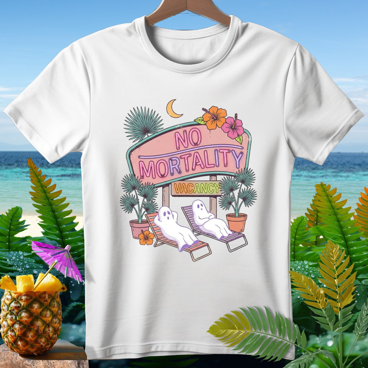 White t-shirt with "No Mortality" and "Vacancy" neon sign and two ghosts relaxing.