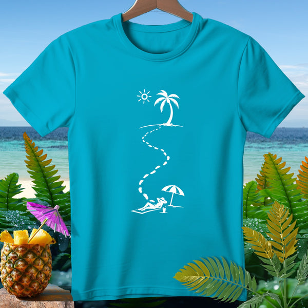 Turquoise t-shirt with white graphic of footprints leading from a palm tree to a person on a beach.