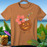 Orange t-shirt with a jack-o'-lantern coconut drink with a hibiscus flower and straw.