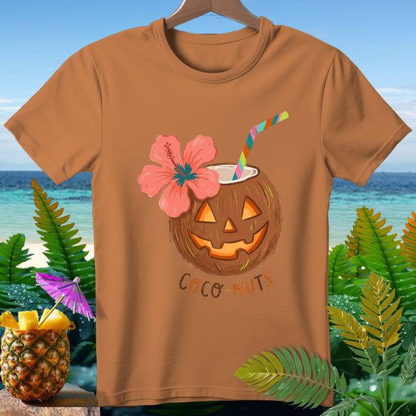 Orange t-shirt with a jack-o'-lantern coconut drink with a hibiscus flower and straw.