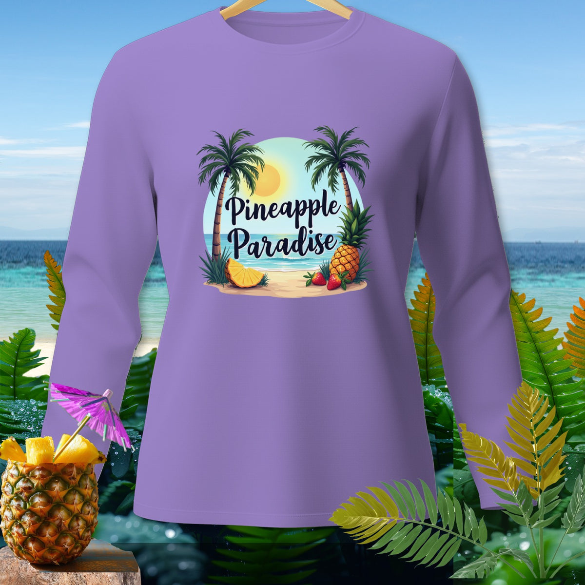 Purple long-sleeve shirt with "Pineapple Paradise" text and beach scene graphic.