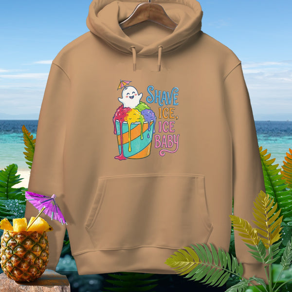 Tan hoodie with "Shave Ice, Ice Baby" ghost graphic and tropical background.