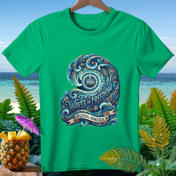 Green t-shirt with "America 250 Waves of Freedom Aloha America" graphic.