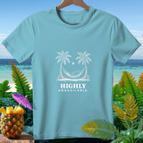 Light blue t-shirt with white graphic of hammock between palm trees, sun, and text 