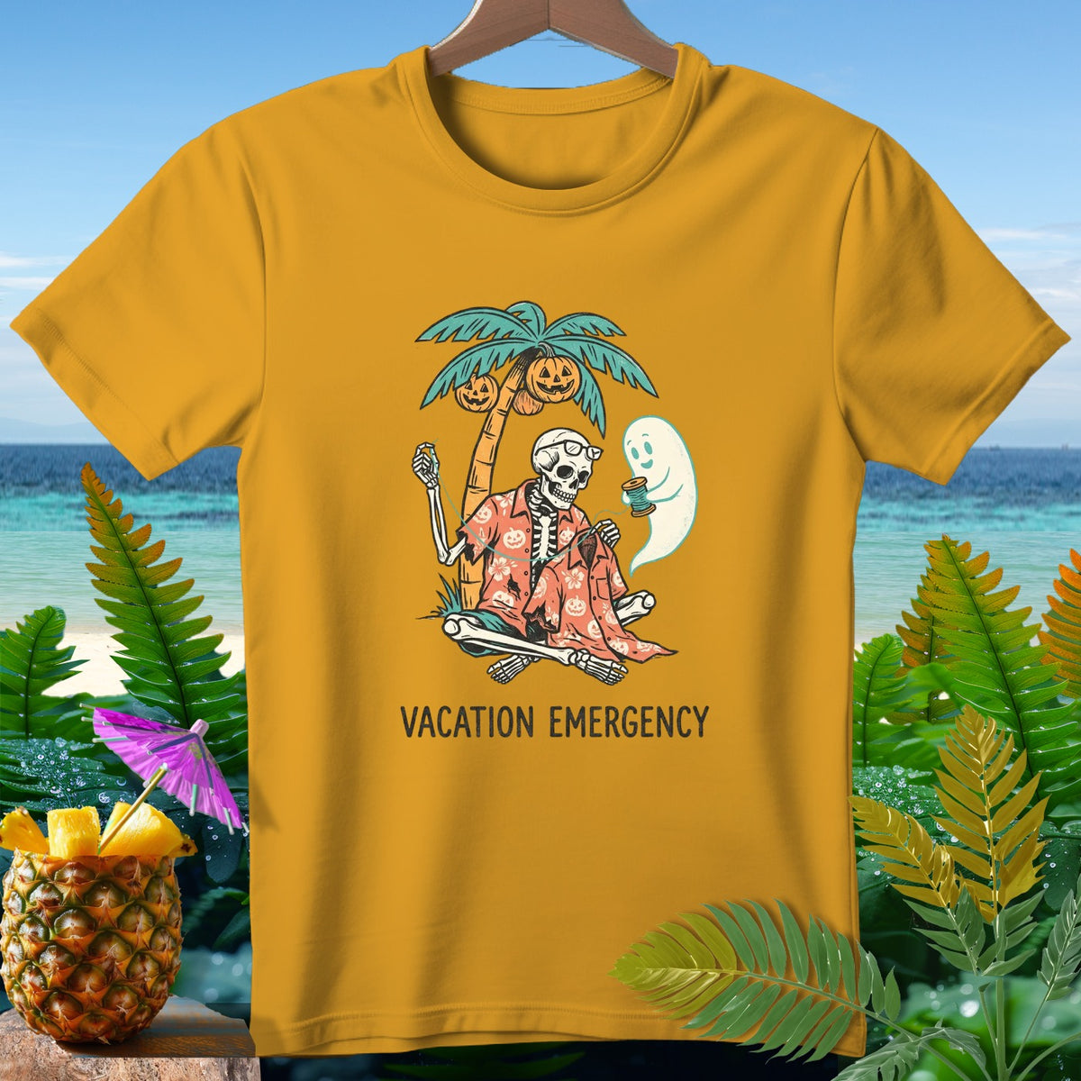 Skeleton with ghost under palm tree, text "VACATION EMERGENCY".