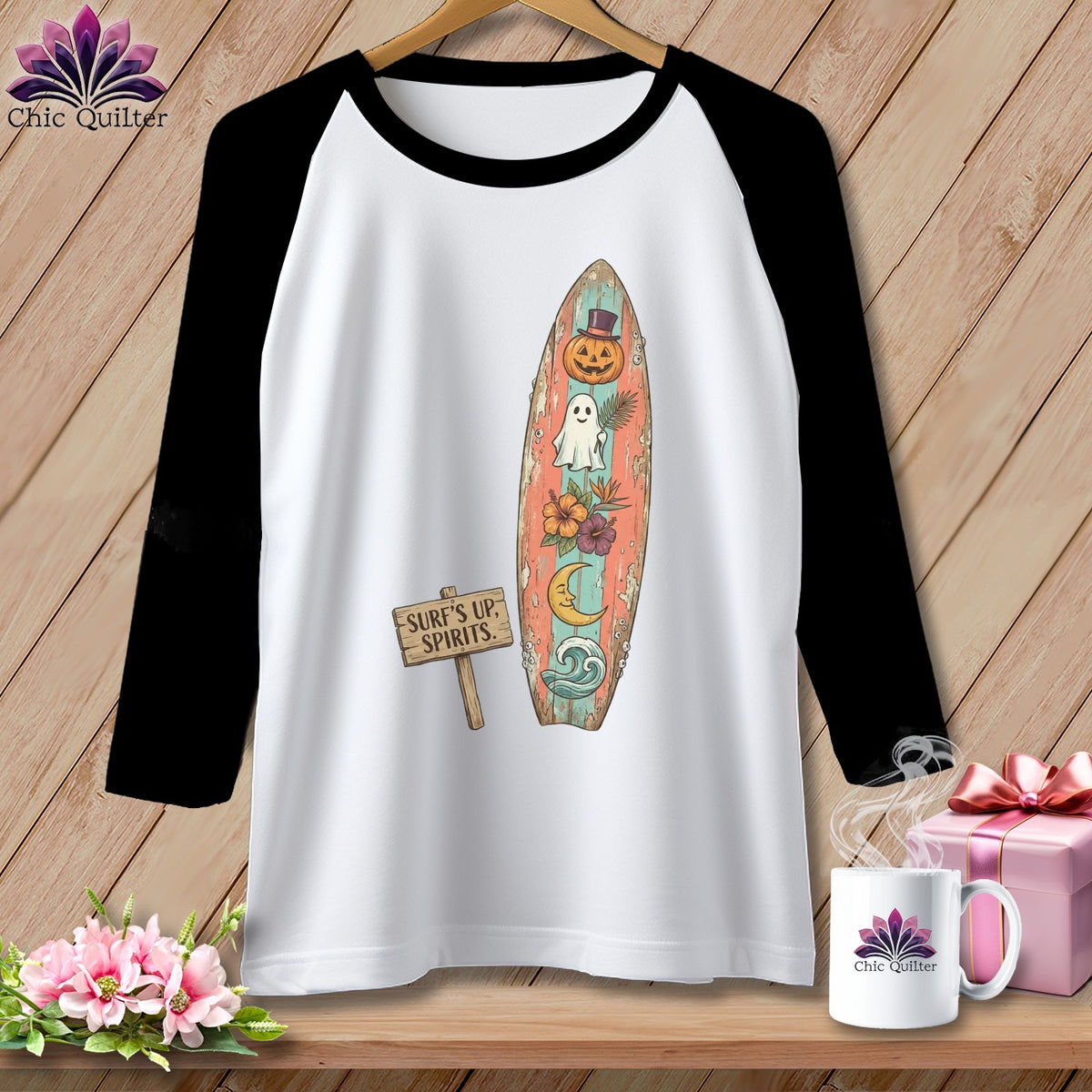 Black and white baseball tee with a vintage surfboard graphic and "Surf's Up, Spirits" sign.