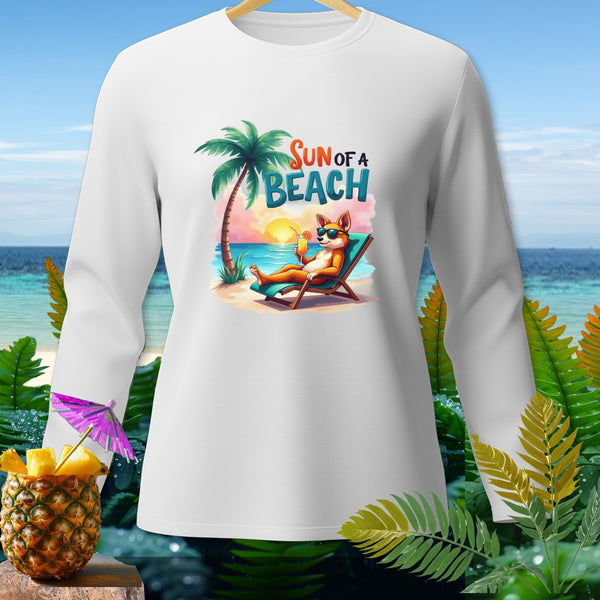 White long-sleeve shirt with cartoon dog on beach and text "Sun of a Beach".