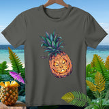 Gray t-shirt with a carved pineapple jack-o'-lantern and bats.