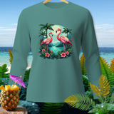 Teal long-sleeve shirt with two flamingos in a tropical landscape graphic.