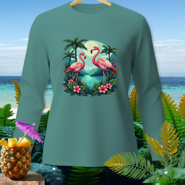 Teal long-sleeve shirt with two flamingos in a tropical landscape graphic.