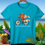 Hermit crab riding a bicycle with a surfboard and text 