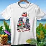 Two pigeons, one in a floral shirt saying 